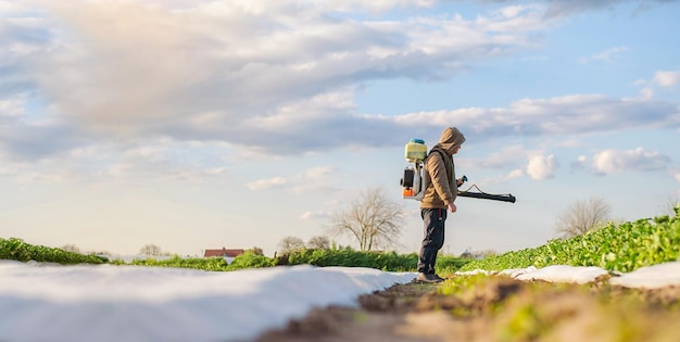 Un trabajador con un rociador trabaja en el campo Uso de productos químicos para la protección de plantas cultivadas