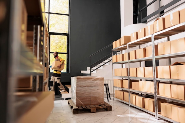 Trabajador de la sala de almacenamiento que lleva una caja de cartón en las escaleras durante el inventario del almacén, preparando los pedidos de los clientes. Gerente de pequeñas empresas que trabaja con productos de mercadería en el almacén. Concepto de venta al por menor