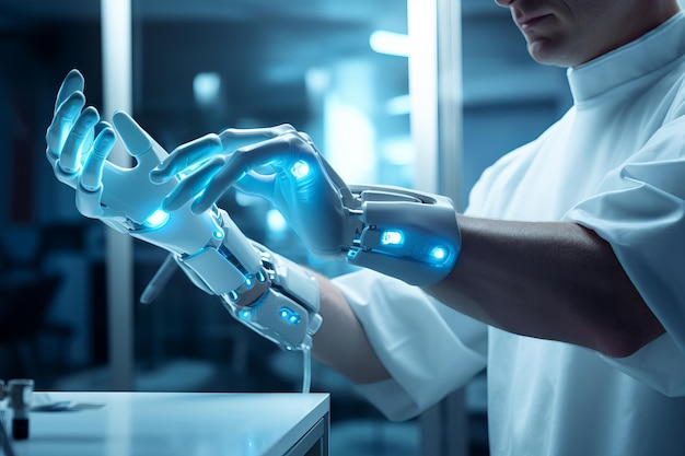 Trabajador sanitario que utiliza una mano extra robótica en tareas médicas Hospital o instalación médica