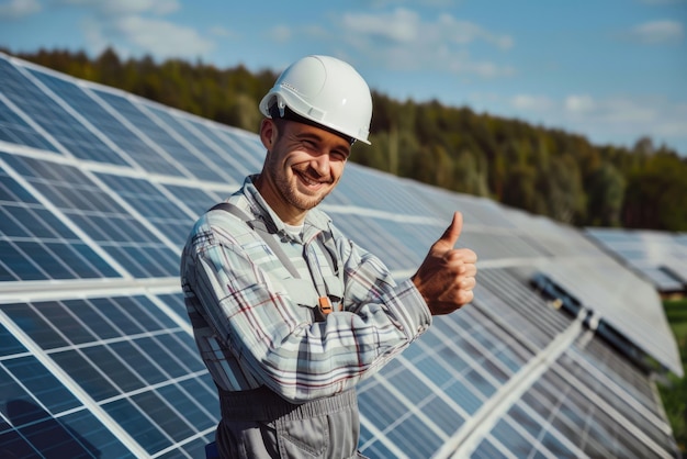 Trabajador satisfecho mostrando el dedo pulgar hacia arriba mientras está de pie cerca de los paneles solares en la central eléctrica