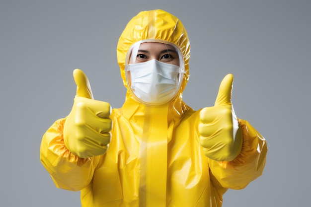 Foto trabajador de seguridad con equipo de protección sosteniendo el pulgar hacia arriba en la sala de producción ia generativa