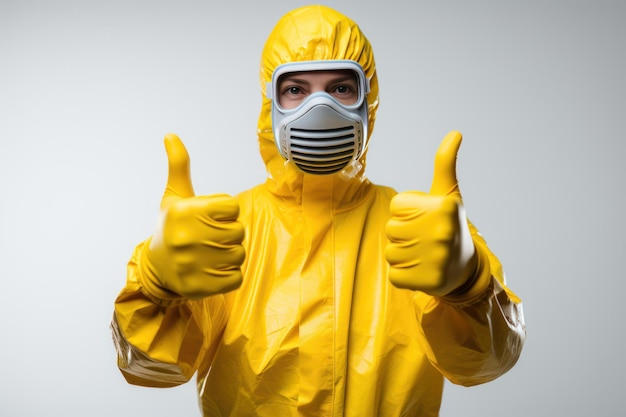 Trabajador de seguridad con equipo de protección sosteniendo el pulgar hacia arriba en la sala de producción IA generativa