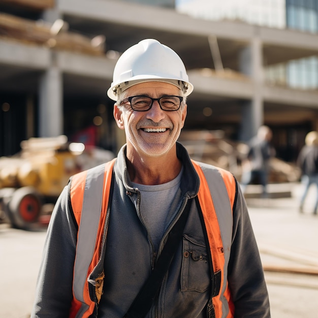 Trabajador senior alegre en el sitio de construcción