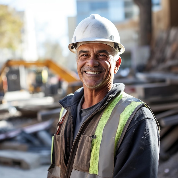 Trabajador senior alegre en el sitio de construcción