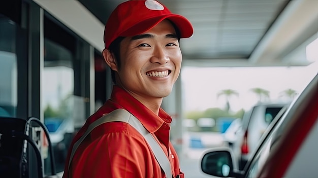 Trabajador de servicio de asistente asiático rellenando el auto en la gasolinera Asistente sonriente hombre vestido con uniforme rojo y sombrero rojo rellenando el auto en la gasolinera