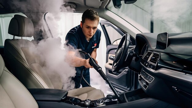 Trabajador de servicio de automóviles limpia el interior con limpiador de vapor