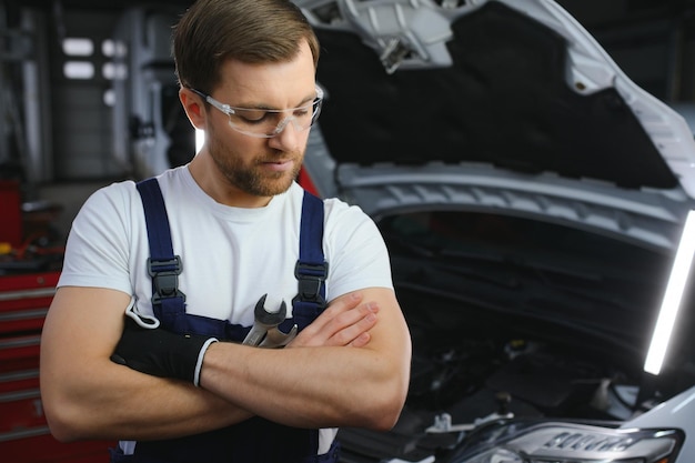 Trabajador de servicio de automóviles musculosos que repara vehículos