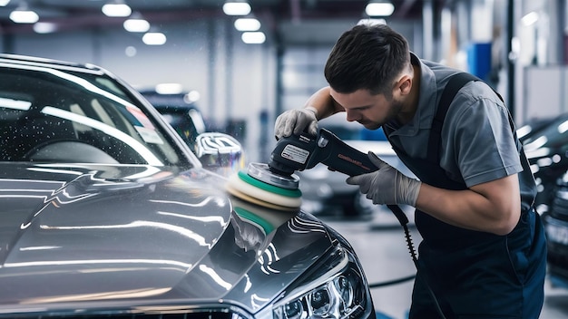 Foto un trabajador de servicio de automóviles pulida los detalles de un automóvil con un pulidor orbital