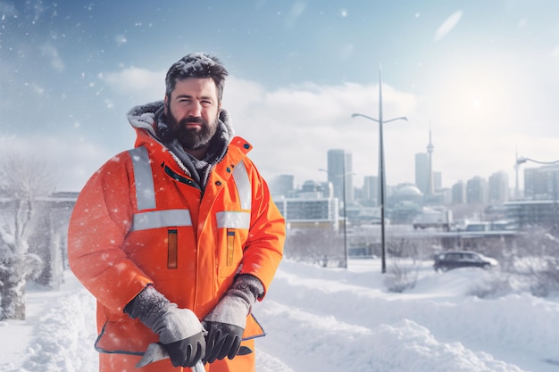 Trabajador de servicio comunal barriendo la nieve