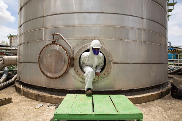 Trabajador de sexo masculino en la boca del tanque de combustible de aceite de la zona de ropa de protección química espacio confinado peligroso