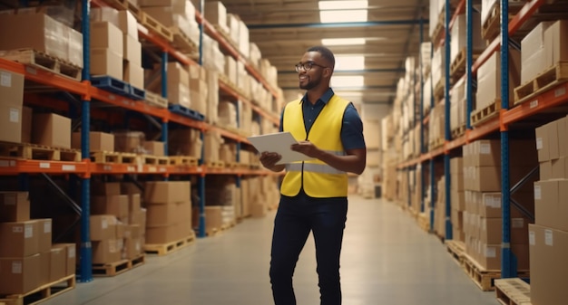 Trabajador de sexo masculino guapo con un casco que sostiene una tableta digital