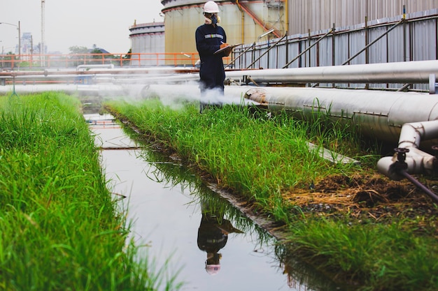 Trabajador de sexo masculino inspección visual de la oxidación de la corrosión del gas y el petróleo de la tubería a través del tubo de conexión de la tubería de escape de gas de vapor en el aislamiento.