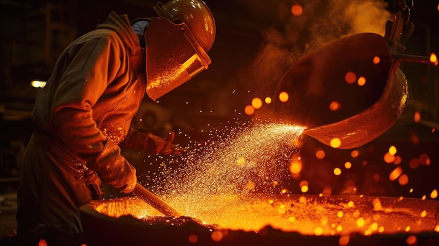 Trabajador siderúrgico industrial que vierte metales fundidos Fabricación y metalurgia