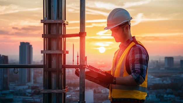 un trabajador en un sitio de construcción frente a un fondo de puesta de sol