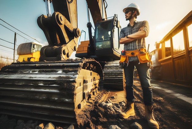 Foto trabajador en un sitio de construcción con maquinaria pesada