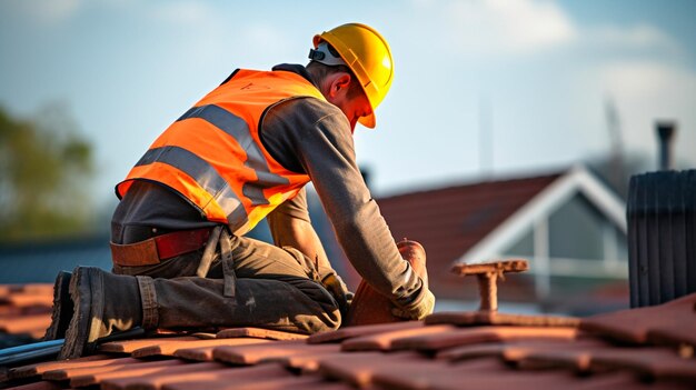 trabajador en el sitio de construcción con un techo de una casa