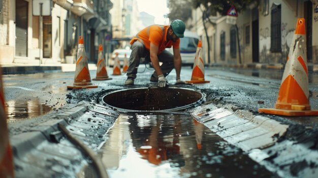 Foto trabajador sobre la escotilla de alcantarillado abierta en una calle cerca de los conos de tráfico concepto de reparación de aguas residuales servicios subterráneos sistema de suministro de agua cable de colocación de tuberías de agua accidente