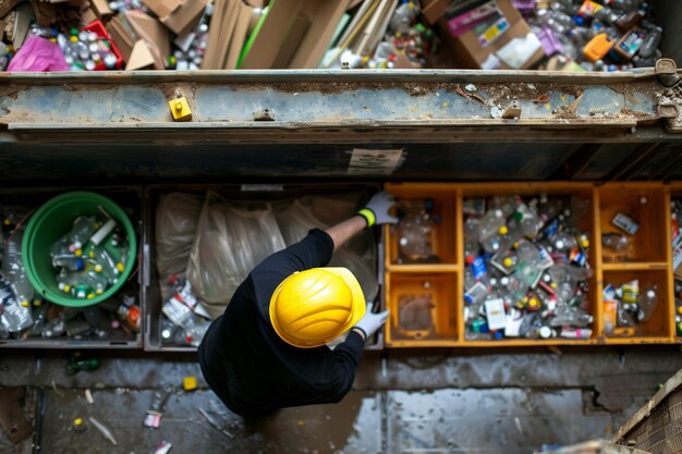 Foto trabajador con sombrero rígido organizando residuos en un contenedor de reciclaje segmentado