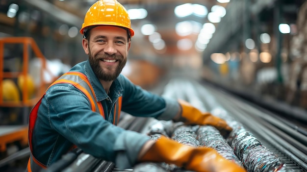 Trabajador sonriente con un casco amarillo en la planta de gestión de residuos