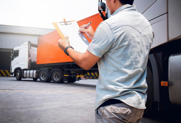 Foto trabajador sostiene un portapapeles que controla la carga de cajas de carga en contenedores logistis