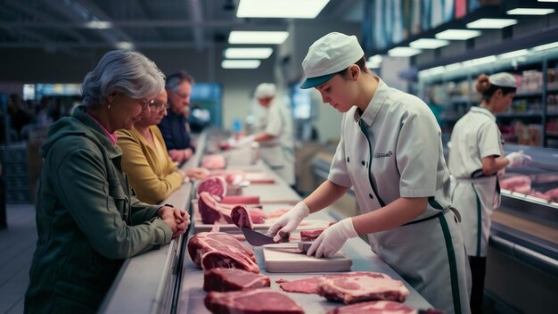 Trabajador de un supermercado que mide y vende carne al cliente