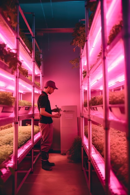 Trabajador supervisa plantas que crecen en granja vertical ai ilustración generativa agricultura intensiva