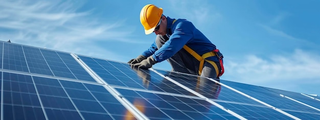 trabajador en un techo instala paneles solares