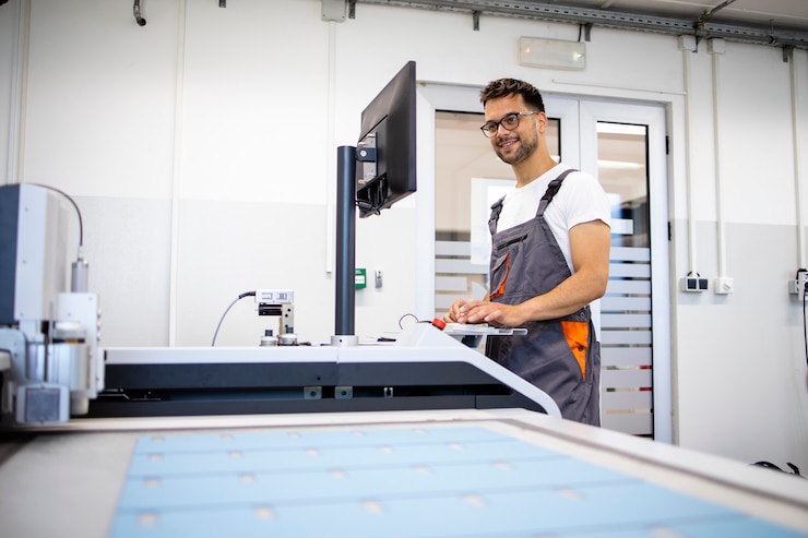Foto trabajador técnico experimentado que opera la máquina industrial cnc en la fábrica.