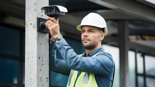 Foto trabajador técnico que instala una cámara de videovigilancia