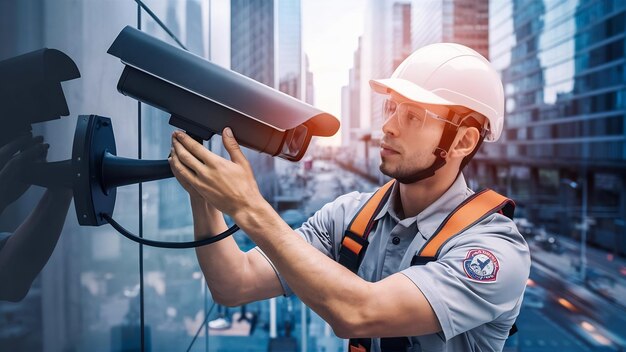 Foto trabajador técnico que instala una cámara de videovigilancia