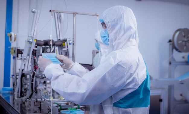 Foto el trabajador técnico que usa guantes protectores es inspeccionado y verifica el proceso de fabricación de mascarillas para protegerse y protegerse del virus.