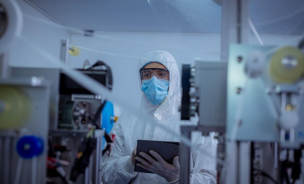 Foto el trabajador técnico que usa guantes protectores es inspeccionado y verifica el proceso de fabricación de mascarillas para protegerse y protegerse del virus.