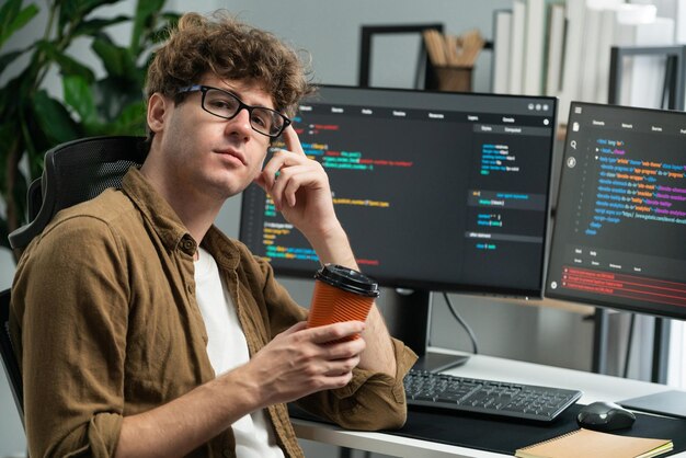 Trabajador de TI mirando a la cámara sosteniendo una taza de café en una oficina moderna Gusher