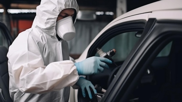 Trabajador tipo IA generativa en un respirador trata el coche