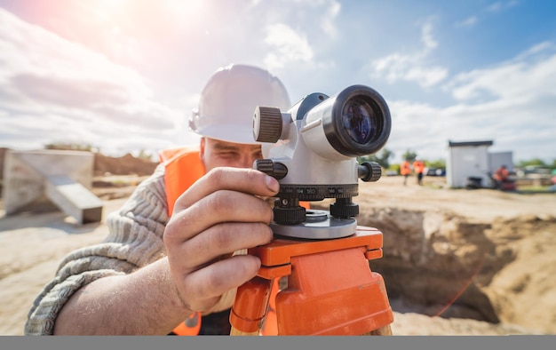 Trabajador topógrafo con equipo de teodolito en el sitio de construcción