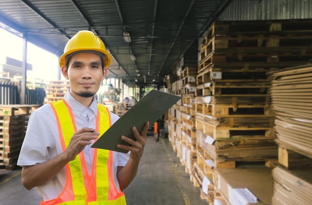 Trabajador trabaja en Wearhouse materia prima para fábrica industrial