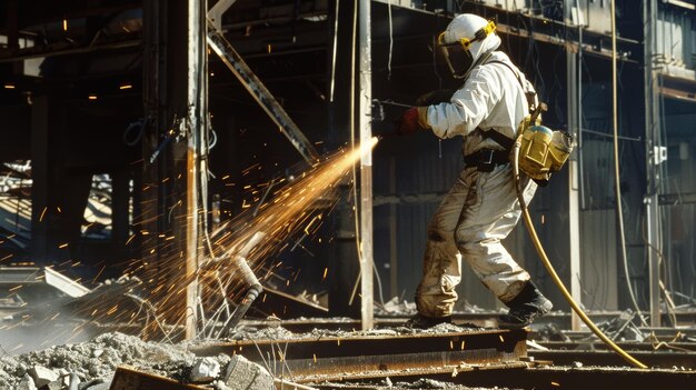 Foto un trabajador en un traje de protección usando una antorcha para cortar a través de vigas metálicas de un demolido