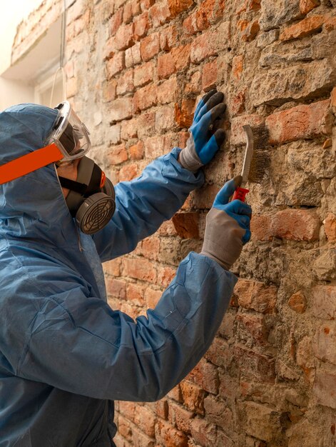 trabajador, en, uniforme, reconstrucción, viejo, pared ladrillo, viejo, casa, reconstrucción, reparación