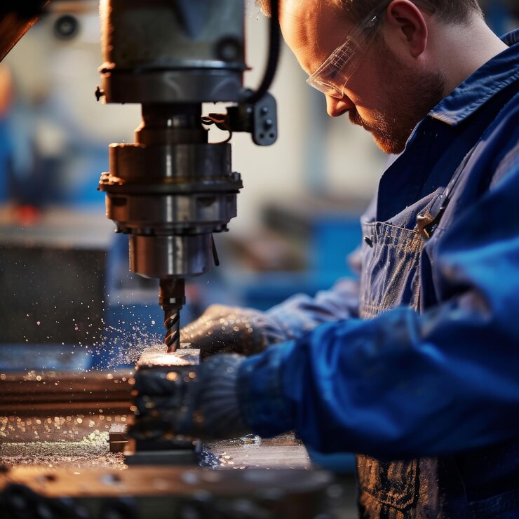 Trabajador vestido con un mono azul trabajando intensamente en una fresadora El entorno circundante debe ser de un entorno industrial con el zumbido de las máquinas y herramientas evidente en el fondo