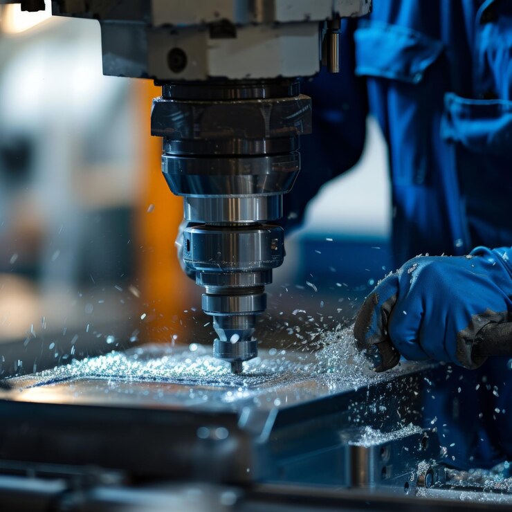 Trabajador vestido con un mono azul trabajando intensamente en una fresadora El entorno circundante debe ser de un entorno industrial con el zumbido de las máquinas y herramientas evidente en el fondo