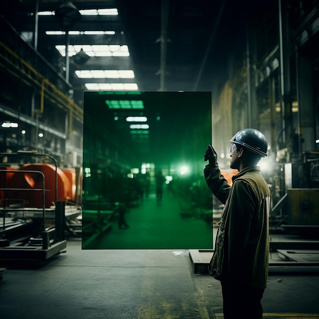 Foto trabajador de vidrio con vidrio verde en el trabajo