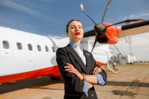 Trabajadora de aerolíneas parada cerca del avión en el aeropuerto