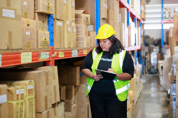 Trabajadora de almacén asiática obesa con chaleco de seguridad y casco duro en producto industrial de fábrica de almacén en cajas de cartón en estantes Mujer de talla grande inspeccionando productos mientras trabaja