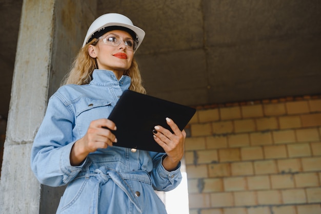 Trabajadora de almacén. Constructor de mujer en casco.