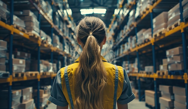 Trabajadora de almacén que organiza el inventario en un almacén industrial