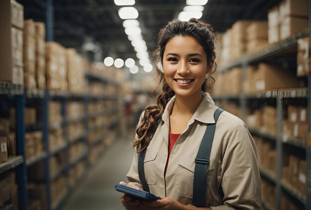 Trabajadora del almacén revisando el inventario mira la cámara sonriendo Productos en los estantes del inventario