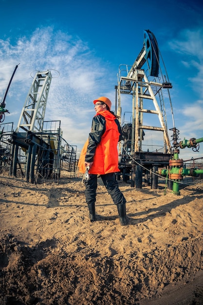 Trabajadora en el campo petrolero, con llaves en las manos, casco naranja y ropa de trabajo. Fondo de sitio industrial.