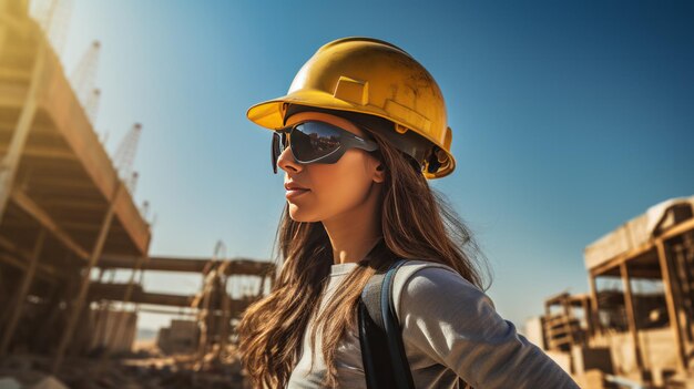 Foto trabajadora con casco de protección y equipo de seguridad en un sitio de construcción