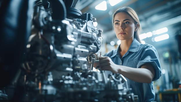 Trabajadora confiada que opera hábilmente máquinas en una moderna fábrica de automóviles