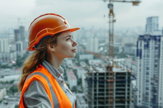 Trabajadora de la construcción con casco y chaleco de seguridad naranja